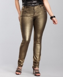 Metallic-coated denim -- what could be more perfect for holiday parties and seasonal soirees! INC's plus size jeans feature a tailored, skinny fit in burnished gold. Metallic-coated denim -- what could be more perfect for holiday parties and seasonal soirees! INC's plus size jeans feature a tailored, skinny fit in burnished gold.