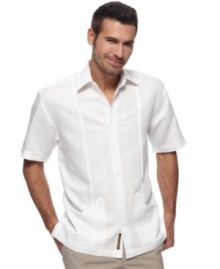 The world is yours. This classic panel detailed button-front shirt from Cubavera is full of breezy style for your warm-weather travels. The world is yours. This classic panel detailed button-front shirt from Cubavera is full of breezy style for your warm-weather travels.