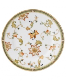 The exotic floral design of the Oberon dinnerware pattern is exquisitely precise, in soft shades of green and gold accented with black, against pure white bone china. The exotic floral design of the Oberon dinnerware pattern is exquisitely precise, in soft shades of green and gold accented with black, against pure white bone china.