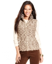 Spice up your fall look with Charter Club's chic take on a traditional sweater vest. This petite version features cozy marled knit fabric and luxe faux-fur trim!