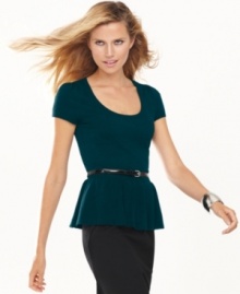 A peplum lends a feminine flair to INC's short sleeve sweater, cinched by a belted waist-- it's a must-have for the season! A peplum lends a feminine flair to INC's short sleeve sweater, cinched by a belted waist-- it's a must-have for the season!
