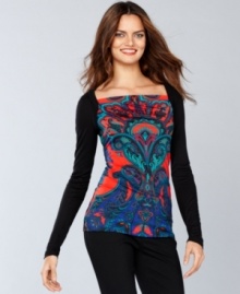 A colorful, exotic print is offset by solid-color sleeves and a chic square neckline on INC's captivating top.