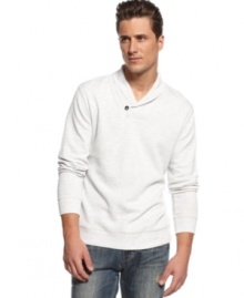 This INC International Concepts sweater has a handsome shawl neck and a classic fit. This INC International Concepts sweater has a handsome shawl neck and a classic fit.