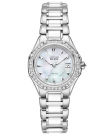 Sweet sophistication: this stunning timepiece from Citizen grabs attention with white ceramic and glistening diamonds. Powered by Eco-Drive, harnessing natural and artificial light, never needing a battery.