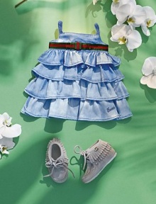 Tiers of ruffles and an empire waist with signature web detail complete this degradé denim frock.SquareneckSleevelessElastic backEmpire waist with signature web detailTiered ruffled hemLyocellDry cleanMade in Italy Tiers of ruffles and an empire waist with signature web detail complete this degradé denim frock.SquareneckSleevelessElastic backEmpire waist with signature web detailTiered ruffled hemLyocellDry cleanMade in Italy