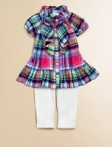 An adorable cotton plaid top, adorned with ruffle trim along the placket and collar, is paired with pointelle leggings for an unbeatable match. Shirt Ruffled collarShort raglan sleevesButton frontRuffle hem Leggings Elastic waistbandPicot trim along hemCottonMachine washImported Please note: Number of buttons may vary depending on size ordered. Additional InformationKid's Apparel Size Guide An adorable cotton plaid top, adorned with ruffle trim along the placket and collar, is paired with pointelle leggings for an unbeatable match. Shirt Ruffled collarShort raglan sleevesButton frontRuffle hem Leggings Elastic waistbandPicot trim along hemCottonMachine washImported Please note: Number of buttons may vary depending on size ordered. Additional InformationKid's Apparel Size Guide