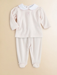 A cozy two-piece set, crafted in buttery soft velour, with bow embroidery and scalloped trim.Peter Pan collarLong puff sleevesBack snapsElastic waistband80% cotton/20% polyesterMachine washImported A cozy two-piece set, crafted in buttery soft velour, with bow embroidery and scalloped trim.Peter Pan collarLong puff sleevesBack snapsElastic waistband80% cotton/20% polyesterMachine washImported