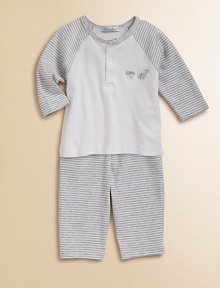 From the Nutkins collection, a striped pima cotton Henley is adorned with embroidered squirrels and paired with a matching pair of footed pants for a precious ensemble. Top CrewneckLong raglan sleeves Front snaps Pants Elastic waistbandBack patch pocket94% pima cotton/6% polyesterMachine washImported Please note: Number of snaps may vary depending on size ordered. From the Nutkins collection, a striped pima cotton Henley is adorned with embroidered squirrels and paired with a matching pair of footed pants for a precious ensemble. Top CrewneckLong raglan sleeves Front snaps Pants Elastic waistbandBack patch pocket94% pima cotton/6% polyesterMachine washImported Please note: Number of snaps may vary depending on size ordered.