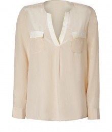 With an effortless chic look in pristine silk, Steffen Schrauts pastel detailed top is perfect for both dressing up and down - Open round neckline, long sleeves, buttoned cuffs, side slits, flap chest pockets, two-tone trim - Loosely fitted - Wear with skinnies, flats and a leather carryall