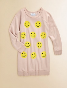 She'll have smiles for miles when she's wearing this cozy, cool pullover embellished with cheery faces.CrewneckLong raglan sleevesPullover styleRibbed hemCotton/PolyesterMachine washMade in the USA Please note: number of buttons may vary depending on size ordered. She'll have smiles for miles when she's wearing this cozy, cool pullover embellished with cheery faces.CrewneckLong raglan sleevesPullover styleRibbed hemCotton/PolyesterMachine washMade in the USA Please note: number of buttons may vary depending on size ordered.