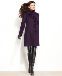 A feminine cascade of ruffles softens up DKNY's plus size walker. The streamlined silhouette keeps this coat looking crisp. A feminine cascade of ruffles softens up DKNY's plus size walker. The streamlined silhouette keeps this coat looking crisp.