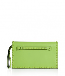 Inject a delicious dose elegance into your outfit with Valentinos apple leather tonal rockstud clutch, detailed with a front handle perfect for convertible carrying - Flap with magnetic snap closure underneath, tonal rockstud-adorned front handle, removable wristlet strap, accordion style with 2 internal sections, inside zippered back wall pocket, red interior - Carry as a polish to cocktail dresses or tailored separates Inject a delicious dose elegance into your outfit with Valentinos apple leather tonal rockstud clutch, detailed with a front handle perfect for convertible carrying - Flap with magnetic snap closure underneath, tonal rockstud-adorned front handle, removable wristlet strap, accordion style with 2 internal sections, inside zippered back wall pocket, red interior - Carry as a polish to cocktail dresses or tailored separates