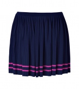 Channel schoolgirl chic in this flattering pleated skirt from Juicy Couture - Thin waistband, all-over pleating, contrasting pink stripe at hem - Pair with Mary Jane platforms, a button up blouse, and a blazer