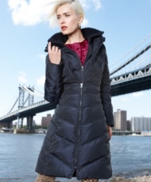 Double your style with Jessica Simpson's cozy puffer coat. The knit collar and inset vest panel give you an extra layer of defense against the cold.