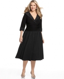 Both classic and contemporary, this plus size Jessica Howard silhouette is a vision with its contrasting hues and crisp design details, like folded, buttoned cuffs and a gorgeous portrait collar. Both classic and contemporary, this plus size Jessica Howard silhouette is a vision with its contrasting hues and crisp design details, like folded, buttoned cuffs and a gorgeous portrait collar.