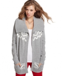 A tribal pattern gives JJ Basics' sweater a global-chic look! The oversized fit makes it easy to layer with everything from tees to sequined tanks! A tribal pattern gives JJ Basics' sweater a global-chic look! The oversized fit makes it easy to layer with everything from tees to sequined tanks!