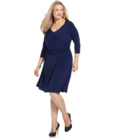 Look sensational and slender with Elementz' three-quarter sleeve plus size dress, featuring a slimming panel inset and an A-line shape.