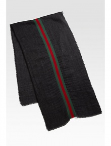 Black/medium grey with fringe detail.Green/red/green signature web38% silk/32% wool/30% alpaca21¾W X 70L Made in Italy Black/medium grey with fringe detail.Green/red/green signature web38% silk/32% wool/30% alpaca21¾W X 70L Made in Italy