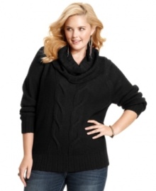 Cozy up with Extra Touch's plus size cable-knit sweater, finished by a cowl neckline.