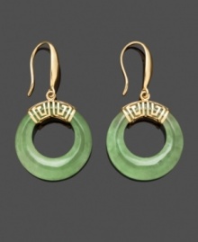 Precision style with a pop of color. Earrings feature chic, cut-out circles crafted from solid jade. Intricate Greek key-style setting made of 14k gold. Approximate drop: 1-4/10 inches. Precision style with a pop of color. Earrings feature chic, cut-out circles crafted from solid jade. Intricate Greek key-style setting made of 14k gold. Approximate drop: 1-4/10 inches.