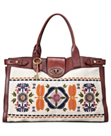 Inspired by Italian bags from the '70s, this classic carryall from Fossil is the ultimate go-anywhere accessory. You'll fall in love with the feminine floral embroidery and rich leather trim. And the ultra-roomy interior lets you bring along all your daily essentials with ease. Inspired by Italian bags from the '70s, this classic carryall from Fossil is the ultimate go-anywhere accessory. You'll fall in love with the feminine floral embroidery and rich leather trim. And the ultra-roomy interior lets you bring along all your daily essentials with ease.