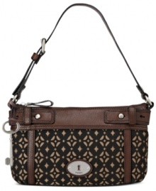 Add some signature style to your laid-back look with this vintage-inspired silhouette from Fossil. Polished hardware and rich leather trim add dimension to the jacquard design, for a look that's altogether on-trend Add some signature style to your laid-back look with this vintage-inspired silhouette from Fossil. Polished hardware and rich leather trim add dimension to the jacquard design, for a look that's altogether on-trend
