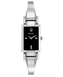 Accessorize with your flair for the dramatic. Elegant watch by Bulova crafted of stainless steel bangle bracelet and rectangular case. Black dial features applied silver tone stick indices at three, six and nine o'clock, logo at twelve o'clock and two hands. Quartz movement. Water resistant to 30 meters. Three-year limited warranty.