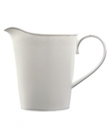 The perfect companion for the Point d'Esprit sugar bowl, this creamer is crafted with a romantic sensibility. The Pointe d'Esprit pattern captures the effervescence of celebration, with raised dots that flow from platinum-rimmed edges like a shower of confetti. The perfect companion for the Point d'Esprit sugar bowl, this creamer is crafted with a romantic sensibility. The Pointe d'Esprit pattern captures the effervescence of celebration, with raised dots that flow from platinum-rimmed edges like a shower of confetti.