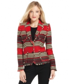 Jones New York Signature's petite blazer features a silk-wool blend fabric and fresh striped print, making it a perfect piece to wear all season long!