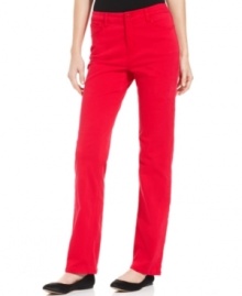 Jones New York Signature's straight-leg jeans make a statement in a rich, cherry wash and sparkling embellished back pockets. Jones New York Signature's straight-leg jeans make a statement in a rich, cherry wash and sparkling embellished back pockets.