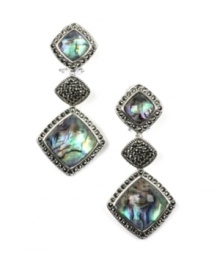 The intriguing iridescent hues of Judith Jack's abalone sheet glass linear drop earrings are enhanced by the brand's signature sparkling marcasite accents (3-1/2 ct. t.w.). Set in sterling silver. Approximate drop: 2-1/10 inches. The intriguing iridescent hues of Judith Jack's abalone sheet glass linear drop earrings are enhanced by the brand's signature sparkling marcasite accents (3-1/2 ct. t.w.). Set in sterling silver. Approximate drop: 2-1/10 inches.