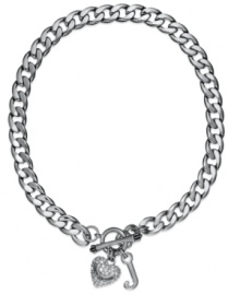 Show your love for Juicy Couture. This chunky collar necklace shines with the sleek sophistication of pave crystal-embellished heart and J logo charms. Chain crafted in stainless steel. Charms crafted in silver tone mixed metal with toggle clasp. Approximate length: 16 inches. Approximate drop: 1-3/4 inches.