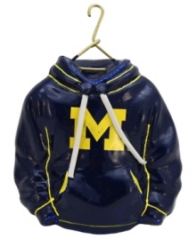 Fitting for Michigan alum, this hand-painted hoodie ornament trims the tree in Wolverines maize and blue. Glitter amps up the school and holiday spirit.