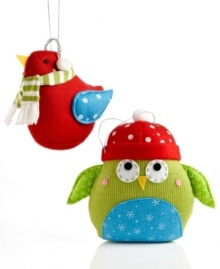 Crafted charm is the anything-but-common thread in two knit birds ready to perch in your tree. Patterns in their wings and tiny winter accessories ornament each with irresistible whimsy.