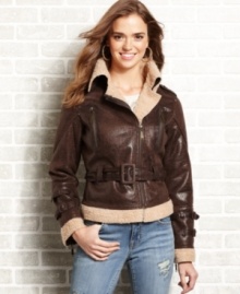 Jackets like this sherpa-lined shearling from Jou Jou make us extra-excited about cooler temps. From the lustrous faux-leather fabric to the waist-cinching belt -- this jacket has everything you need to rock cute, outdoor style this season!