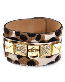 Get spotted in Juicy Couture with this cuff bracelet, crafted of textured haircalf and dressed up with bold plated metal studs and a smattering of spots. Get spotted in Juicy Couture with this cuff bracelet, crafted of textured haircalf and dressed up with bold plated metal studs and a smattering of spots.