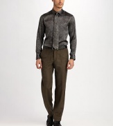 A subtle and sophisticated scratch pattern on lustrous silk goes sporty or dressy.Spread collar French placket Long sleeves with button cuffs Back yoke Silk Dry clean Imported