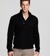 When the cold weather strikes, reach for this warm, chunky waffle knit cardigan embellished with a unique, asymmetrical covered zip placket. Rendered completely in merino wool for superior softness.
