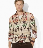 A cozy double-knit cardigan pays tribute to the authentic style and fine craftsmanship of Southwestern artisans with a mix of Beacon prints and serape stripes.
