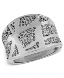 Kenneth Cole New York goes heavy on the accents with its wide hinged bangle. Crafted from silver-tone mixed metal, the bracelet features an abundance of pave glass crystal to let you shine. Approximate diameter: 2-3/8 inches.