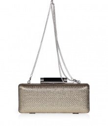 Hard-edge elegance gets an impossibly glamorous twist in Diane von Furstenbergs metallic twill clutch, finished to perfection with a flawless patent leather back - Metal frame, hinged top closure, removable chain-link shoulder-strap, inside back wall slot pocket - Pair with cocktail dresses and statement pumps Hard-edge elegance gets an impossibly glamorous twist in Diane von Furstenbergs metallic twill clutch, finished to perfection with a flawless patent leather back - Metal frame, hinged top closure, removable chain-link shoulder-strap, inside back wall slot pocket - Pair with cocktail dresses and statement pumps