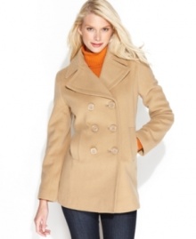 Classic styling meets modern edge: Kenneth Cole Reaction's wool-blend pea coat features a gently-elongated silhouette for a refined, streamlined look. Classic styling meets modern edge: Kenneth Cole Reaction's wool-blend pea coat features a gently-elongated silhouette for a refined, streamlined look.