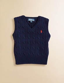 The essential sweater vest is a handsome layer rendered in durable cable-knit cotton.V-neckSleevelessPullover styleCottonMachine washImported