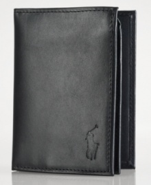 Ralph Lauren's iconic pony graces the front of a lustrous leather billfold wallet, constructed with ample storage for cards and a convenient ID window.