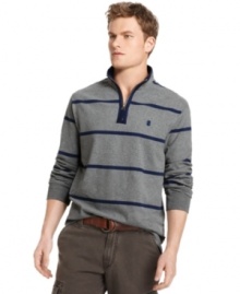 Warm up the fall with this striped and sueded quarter-zip shirt from Izod, an excellent choice for fall barbecues and trips to the shore. Warm up the fall with this striped and sueded quarter-zip shirt from Izod, an excellent choice for fall barbecues and trips to the shore.