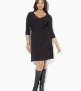Lauren Ralph Lauren's sleek plus size jersey dress is crafted in a figure-flattering wrap silhouette and finished with chic three-quarter-length sleeves.