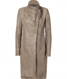 Luxurious jacket brings drama in textured sheepskin - Features a distressed look in an elegant beige color - Slim, slightly-fitted silhouette with stand-up collar and asymmetrical, concealed closure - Transitions for day to night effortlessly - Try with a pencil skirt or business suit in the day, or a sexy mini dress in the evening - Lifetime investment piece Luxurious jacket brings drama in textured sheepskin - Features a distressed look in an elegant beige color - Slim, slightly-fitted silhouette with stand-up collar and asymmetrical, concealed closure - Transitions for day to night effortlessly - Try with a pencil skirt or business suit in the day, or a sexy mini dress in the evening - Lifetime investment piece