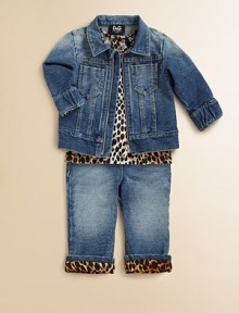 The look of a classic denim jacket with the comfort of soft knit is perfect for a laid-back baby.Point collarZip frontFront yokePatch chest pocketsLong sleeves with elasticized cuffs and inside leopard print trimWide waistband with back logo patch95% cotton/5% spandexMachine washMade in Italy The look of a classic denim jacket with the comfort of soft knit is perfect for a laid-back baby.Point collarZip frontFront yokePatch chest pocketsLong sleeves with elasticized cuffs and inside leopard print trimWide waistband with back logo patch95% cotton/5% spandexMachine washMade in Italy