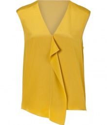 Paint color into your feminine look with Tibis bright mustard silk top - V-neckline, sleeveless, ruffled front, pull-over style - Softly draped fit - Wear with tailored separates and sleek carryall totes for work Paint color into your feminine look with Tibis bright mustard silk top - V-neckline, sleeveless, ruffled front, pull-over style - Softly draped fit - Wear with tailored separates and sleek carryall totes for work