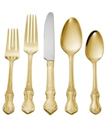 Regal elegance meets everyday convenience in the Kingsley Gold flatware set. Shapely place settings with old-world flourishes and a radiant golden hue exude classic sophistication in dishwasher-safe stainless steel by Hampton Forge. Regal elegance meets everyday convenience in the Kingsley Gold flatware set. Shapely place settings with old-world flourishes and a radiant golden hue exude classic sophistication in dishwasher-safe stainless steel by Hampton Forge.